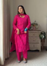 Nikhat Viscose Chikankari and Mukesh Work 3pc Set- Hot pink - Image 3