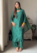 Nikhat Viscose Chikankari and Mukesh Work 3pc Set- Emerald Green