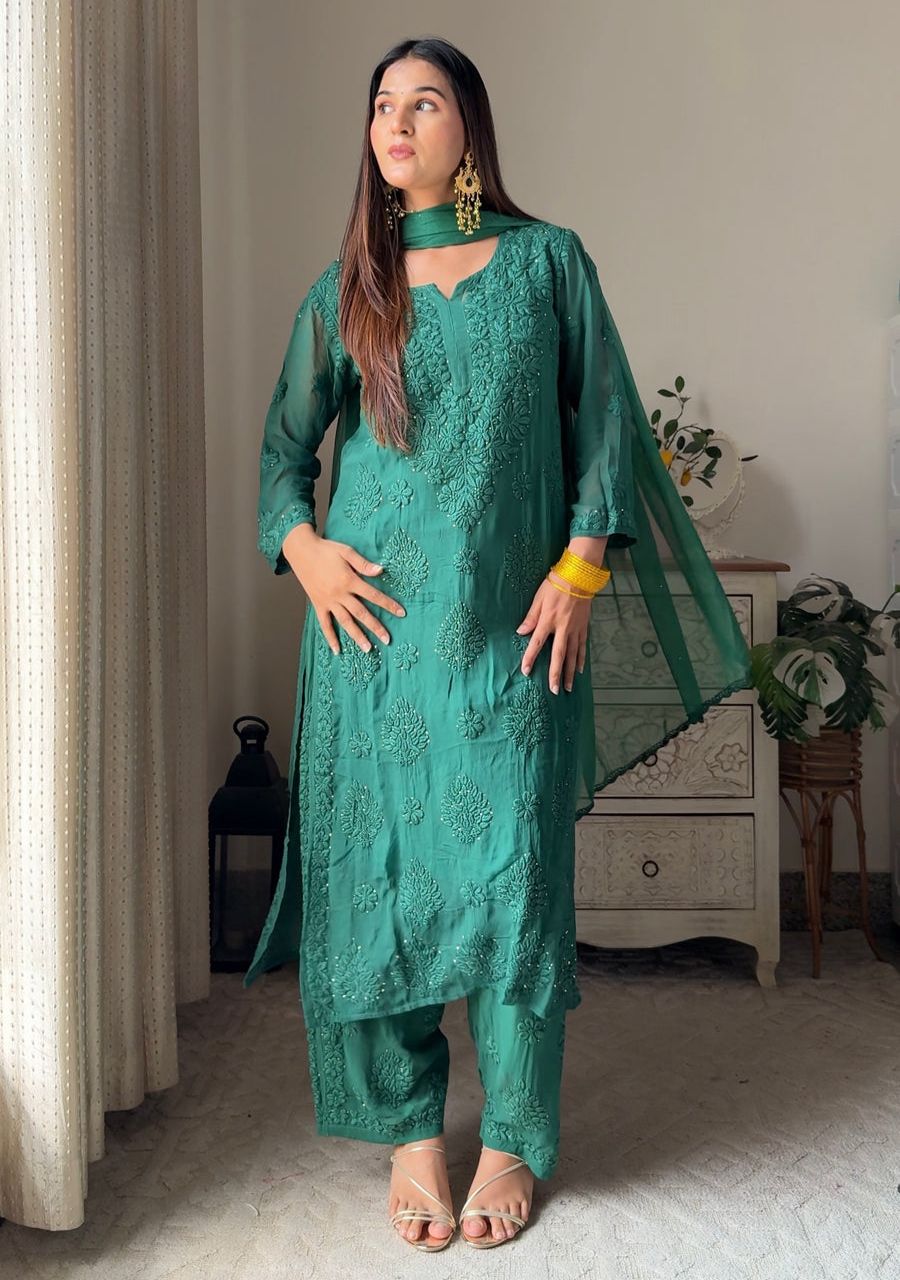 8_20260516_124407_0007 Nikhat Viscose Chikankari and Mukesh Work 3pc Set- Emerald Green - Image 1