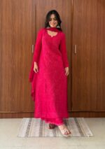 Dia Viscose Resham Jaal Chikankari Mukesh Work 3pc Set- Hot Pink - Image 4