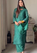 Nikhat Viscose Chikankari and Mukesh Work 3pc Set- Emerald Green - Image 2