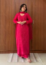 Dia Viscose Resham Jaal Chikankari Mukesh Work 3pc Set- Hot Pink - Image 3