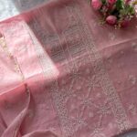 Exclusive Mal Chanderi Silk Chikankari Unstitched Fabric -Blush pink