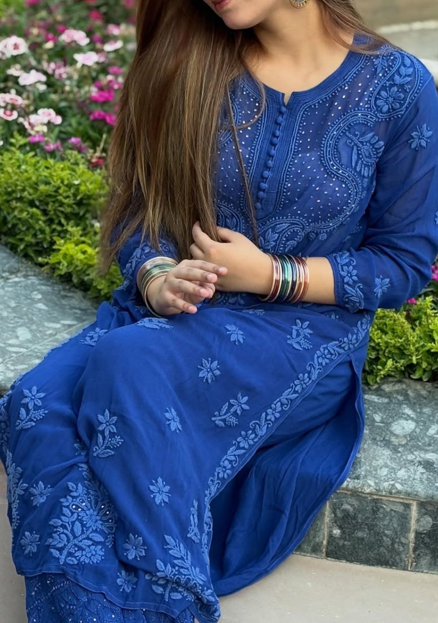 12_20260611_211359_0011 Nikhat Viscose Chikankari Mukesh work 2PC Long Kurta Set- Blue - Image 1