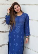 Nikhat Viscose Chikankari Mukesh work 2PC Long Kurta Set- Blue - Image 2