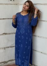 Nikhat Viscose Chikankari Mukesh work 2PC Long Kurta Set- Blue - Image 3