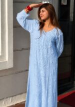 Noorani Rose Soft Georgette 3d Chikankari Long Kurta- Baby Blue - Image 2