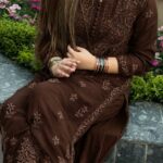 Nikhat Viscose Chikankari Mukesh work 2PC Long Kurta Set- Chocolate brown