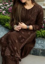 Nikhat Viscose Chikankari Mukesh work 2PC Long Kurta Set- Chocolate brown