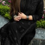 Nikhat Viscose Chikankari Mukesh work 2PC Long Kurta Set- Black