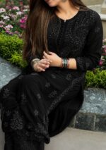 Nikhat Viscose Chikankari Mukesh work 2PC Long Kurta Set- Black