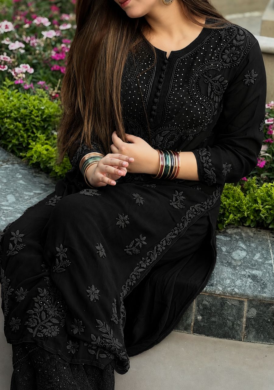 18_20260611_211359_0017 Nikhat Viscose Chikankari Mukesh work 2PC Long Kurta Set- Black - Image 1
