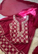 6D Chikankari Short Kurta Gharara Set- Fuchsia Pink