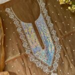 Exclusive Mal Chanderi Silk Chikankari Unstitched Fabric - Caramel Brown