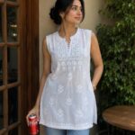 Hans White Cotton Chikankari Sleeveless Short Kurti