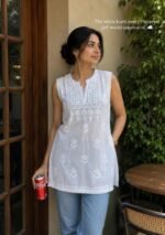 Hans White Cotton Chikankari Sleeveless Short Kurti