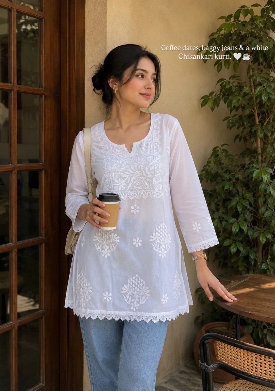 20260628_165458_0001 Hans White Cotton Chikankari Lace Short Kurti - Image 1