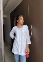 Hans White Cotton Chikankari Front Slit Short Kurti