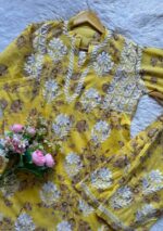 Floral Mulmul Chikankari Short Kurti 2Pc Co-ord Set- Yellow - Image 2