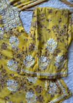 Floral Mulmul Chikankari Short Kurti 2Pc Co-ord Set- Yellow - Image 3
