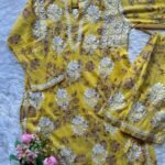 Floral Mulmul Chikankari Short Kurti 2Pc Co-ord Set- Yellow
