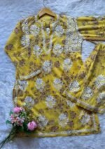 Floral Mulmul Chikankari Short Kurti 2Pc Co-ord Set- Yellow