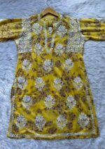 Floral Mulmul Chikankari Short Kurti 2Pc Co-ord Set- Yellow - Image 4