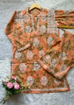 Floral Mulmul Chikankari Short Kurti 2Pc Co-ord Set- Orange