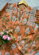 Floral Mulmul Chikankari Short Kurti 2Pc Co-ord Set- Orange - Image 2