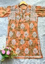 Floral Mulmul Chikankari Short Kurti 2Pc Co-ord Set- Orange - Image 5