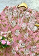 Floral Mulmul Chikankari Short Kurti 2Pc Co-ord Set - Image 2