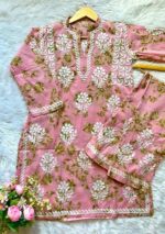 Floral Mulmul Chikankari Short Kurti 2Pc Co-ord Set