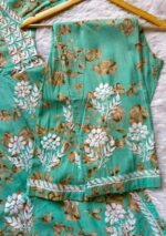 Floral Mulmul Chikankari Short Kurti 2Pc Co-ord Set- Green - Image 2
