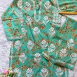 Floral Mulmul Chikankari Short Kurti 2Pc Co-ord Set- Green
