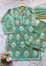 Floral Mulmul Chikankari Short Kurti 2Pc Co-ord Set- Green