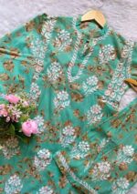 Floral Mulmul Chikankari Short Kurti 2Pc Co-ord Set- Green - Image 3