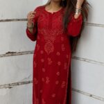 Nikhat Viscose Chikankari Mukesh work 2PC Long Kurta Set- Red