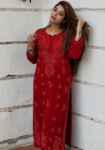 Nikhat Viscose Chikankari Mukesh work 2PC Long Kurta Set- Red