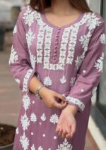 Noorani Rose Soft Georgette 3d Chikankari Long Kurta- Mauve - Image 3