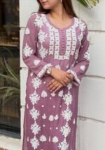 Noorani Rose Soft Georgette 3d Chikankari Long Kurta- Mauve - Image 4