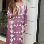 Noorani Rose Soft Georgette 3d Chikankari Long Kurta- Mauve