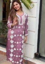 Noorani Rose Soft Georgette 3d Chikankari Long Kurta- Mauve