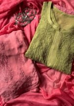 Inayat Viscose Resham Jaal Chikankari Ombre 3PC Long Kurta Set - Image 3