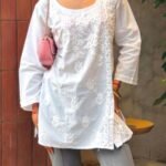 Hans White Cotton Chikankari Angrakha Short Kurti