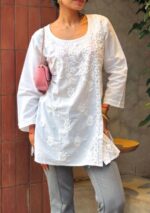 Hans White Cotton Chikankari Angrakha Short Kurti