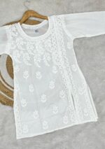 Hans White Cotton Chikankari Angrakha Short Kurti - Image 2