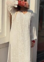 Noorani Rose Soft Georgette 3d Chikankari Long Kurta- White - Image 5