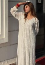 Noorani Rose Soft Georgette 3d Chikankari Long Kurta- White