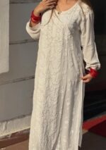 Noorani Rose Soft Georgette 3d Chikankari Long Kurta- White - Image 4