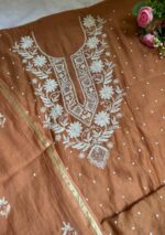 Exclusive Mal Chanderi Silk Chikankari Unstitched Fabric- Cameral Brown - Image 2